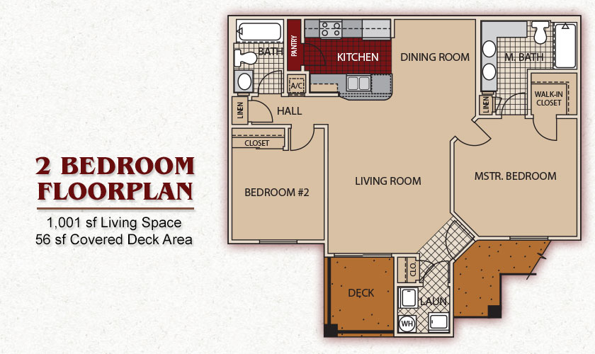2 bedroom floorpan with 1,001 sq. ft. of living space and a 56 sq. ft. covered deck area